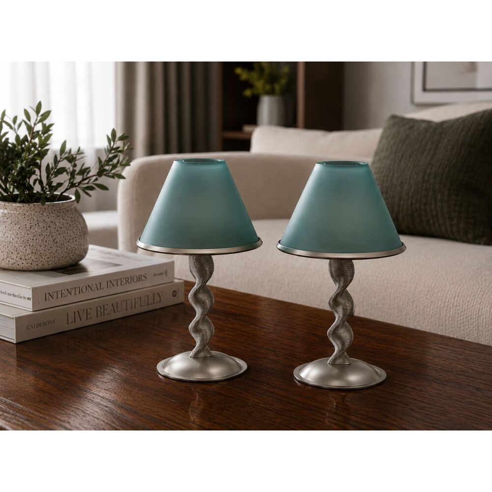 Set of 2 Teal Frosted Glass Tea Light Holders Polished Pewter Nickel 9" Tall New